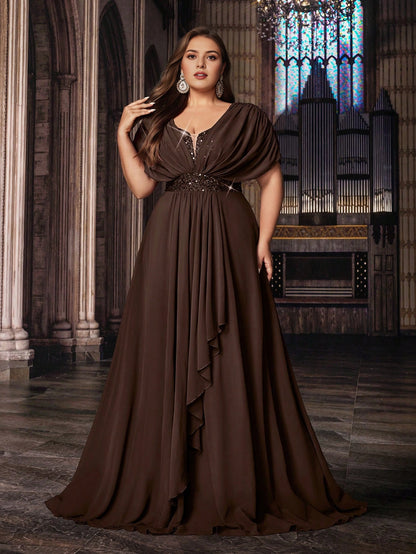 Modest Plus Size A‑Line V‑Neck Cape Sleeve Twist Back Long Prom Dress