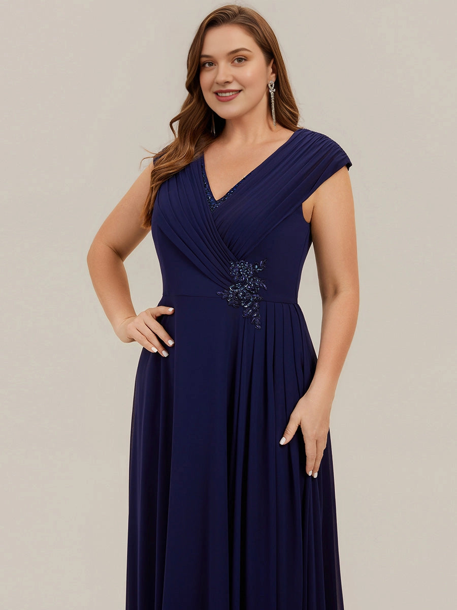 Plus Size Chiffon V-Neck Cap Sleeve Beaded Waist Long Mother of Bride Dress