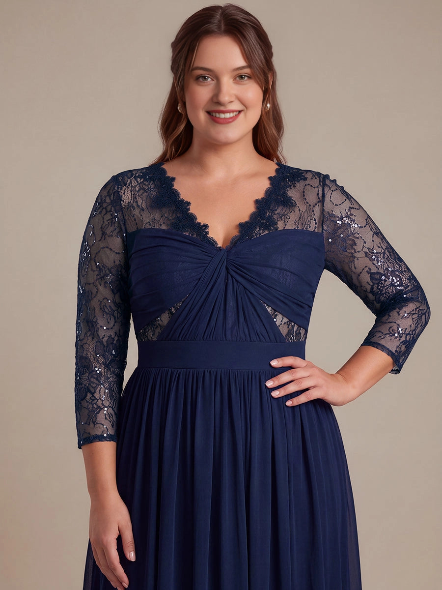 Plus Size Sequin Lace V-Neck 3/4 Sleeve Empire Long Mother of Bride Dress
