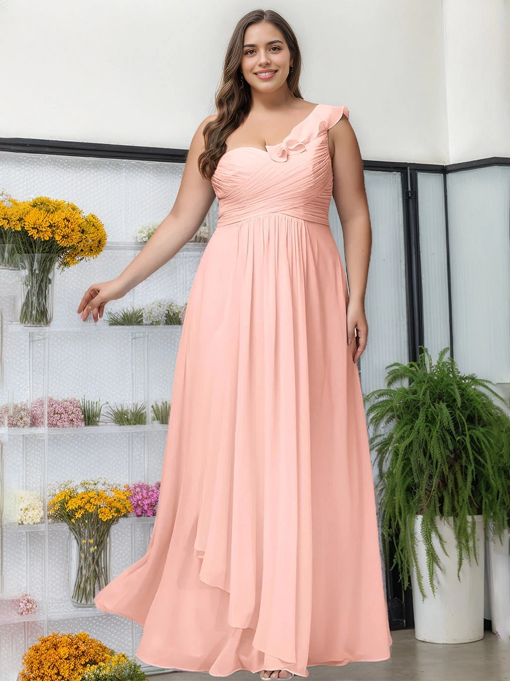 roselledress peach chiffon plus size bridesmaid dress one shoulder ruffle cross ruched bust floral studio wedding maxi gown