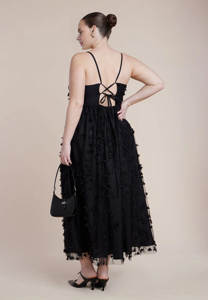 Roselle Dress plus size black 3D floral mesh tie‑back cut‑out formal midi dress back view