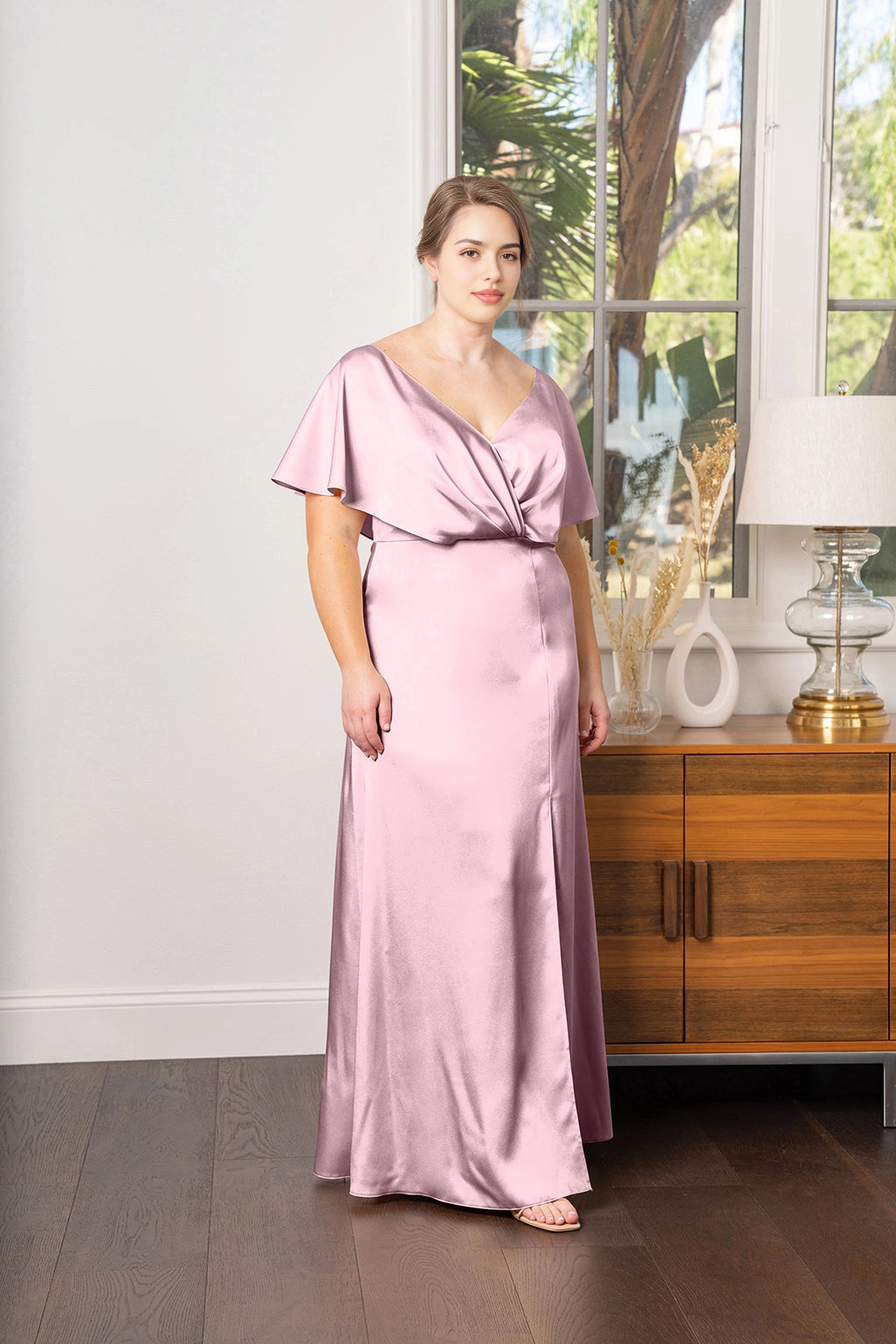 Elegant Plus Size A-Line V-Neck Flutter Sleeve V-Back Floor Length Bridesmaid Dress