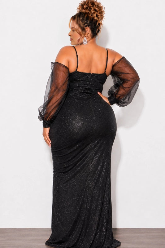 Black glitter plus size thin strap low back zipper mermaid long evening dress back view