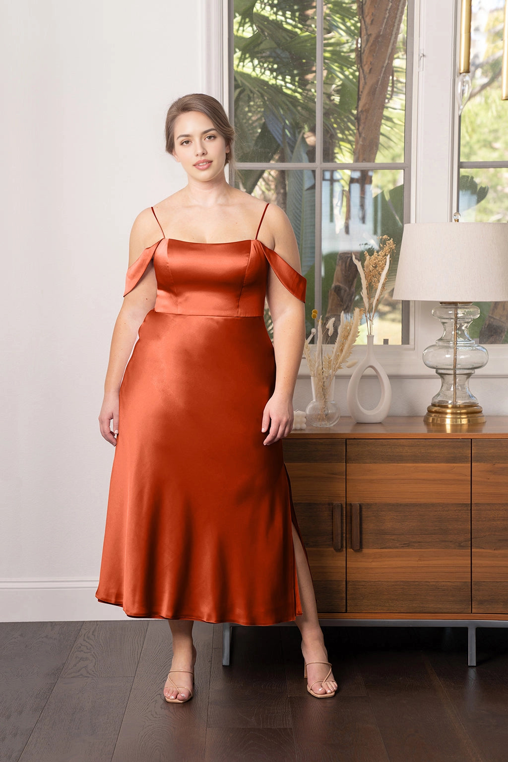 Elegant A-Line Straight Neck Off Shoulder Zipper Back Plus Size Bridesmaid Dress