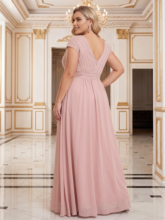 Model wearing roselledress blush plus size chiffon formal dress deep v back invisible zipper beaded bodice rear view