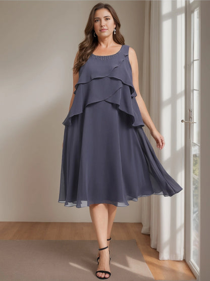 Dusty Navy A-Line Scoop Neck Sleeveless Beaded Chiffon Midi Dress With 3/4 Sleeve Plus Size Mother Of The Bride Dress