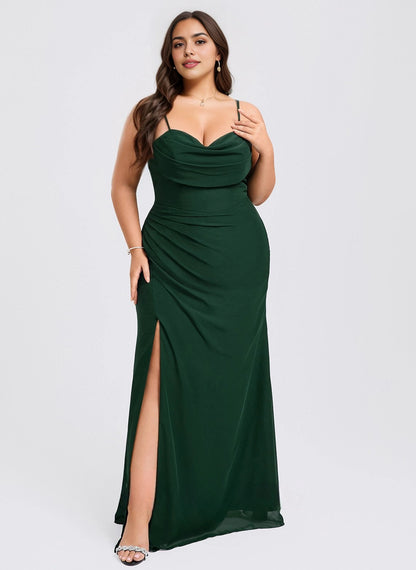Roselledress dark green chiffon plus size mermaid bridesmaid dress cowl neck thin spaghetti straps side slit maxi formal gown for wedding guest