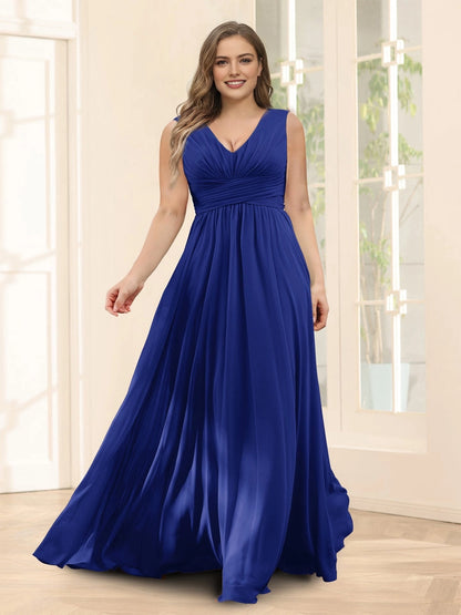 Plus‑Size Sleeveless V‑Neck Empire Waist Chiffon A‑Line Floor‑Length Wedding Guest Dress
