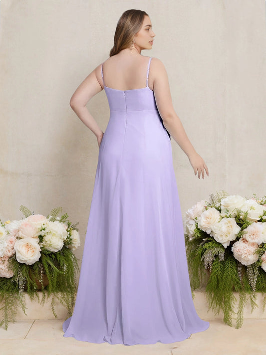 Back view RoselleDress light purple curvy chiffon dress thin adjustable strap simple open back floor-length wedding maxi dress