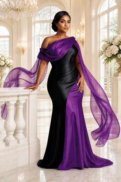 RoselleDress Black Gold Mermaid Off Shoulder Cape Sleeve Zip Back Maxi Satin Plus Size Prom Dress