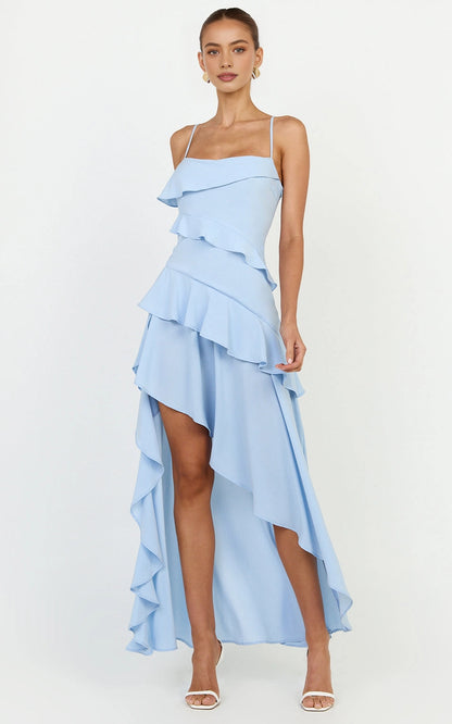Flowy A-Line Spaghetti Strap Straight Neck Plain Back Ruffled Asymmetrical Plus Size Maxi Bridesmaid Dress