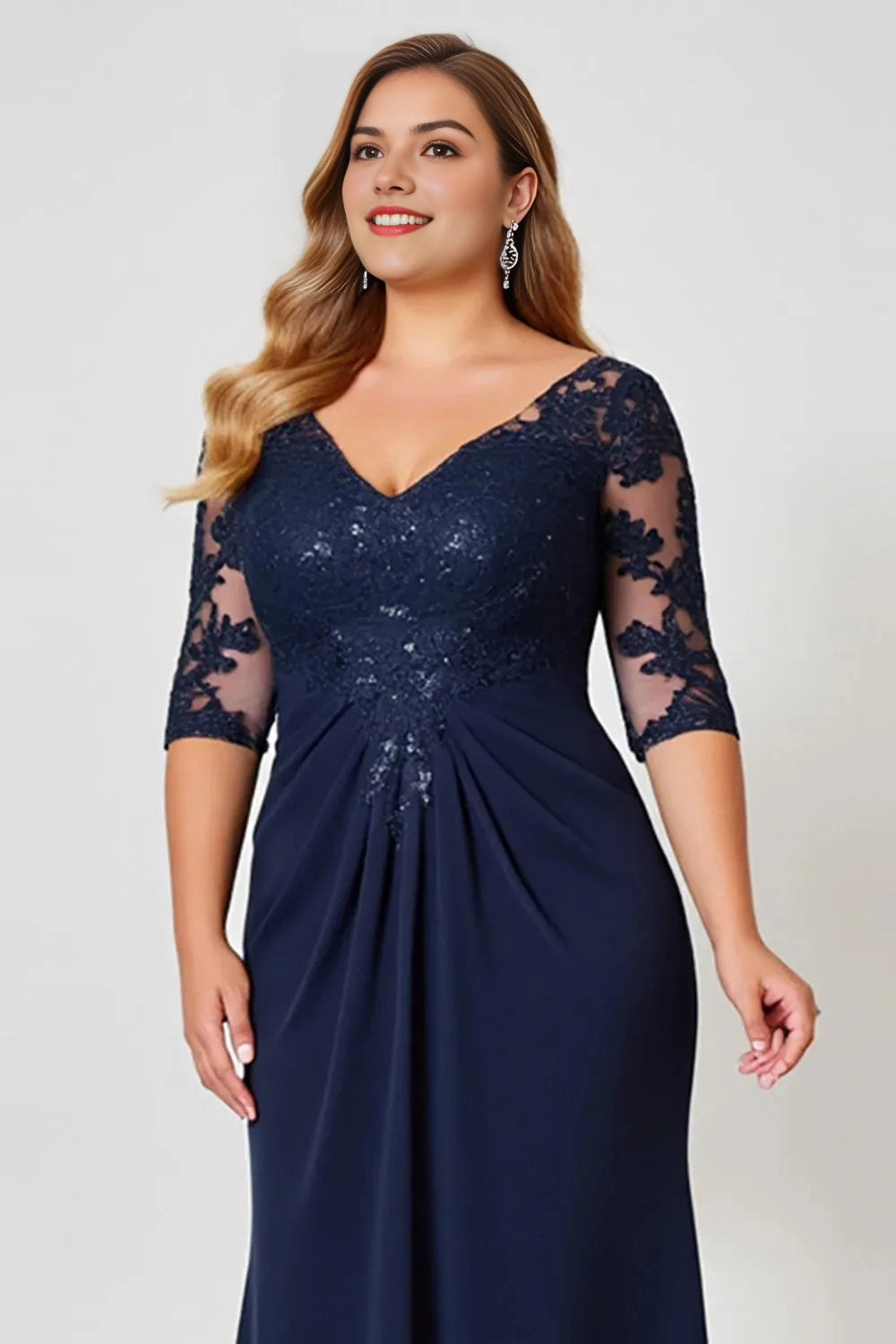 Stunning Mermaid V‑Neck 3/4‑Sleeve Scallop‑Back Floor‑Length Plus Size Mother Of The Bride Dress