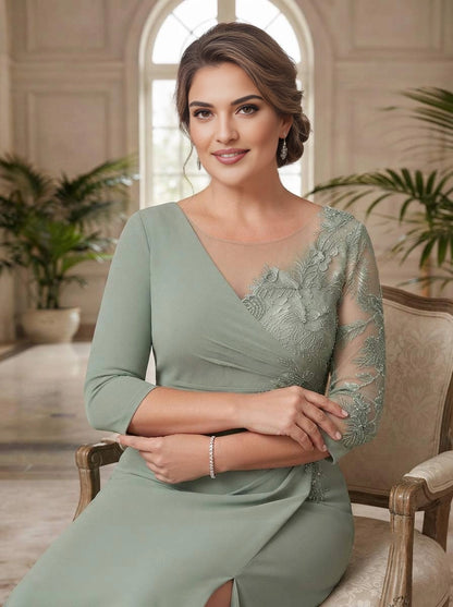 Sage Green Lace Appliqué 3/4 Sleeve Slit Mermaid Plus Size Mother of the Bride Dress