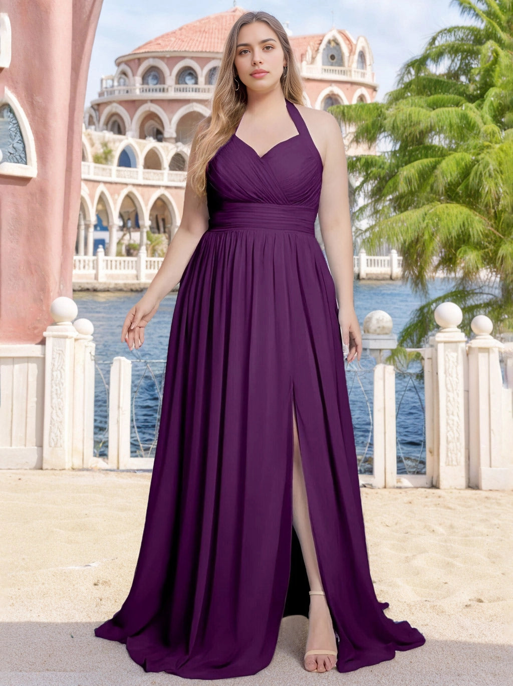 roselledress eggplant chiffon plus size bridesmaid dress halter v neck ruched waist high slit beach destination wedding maxi gown