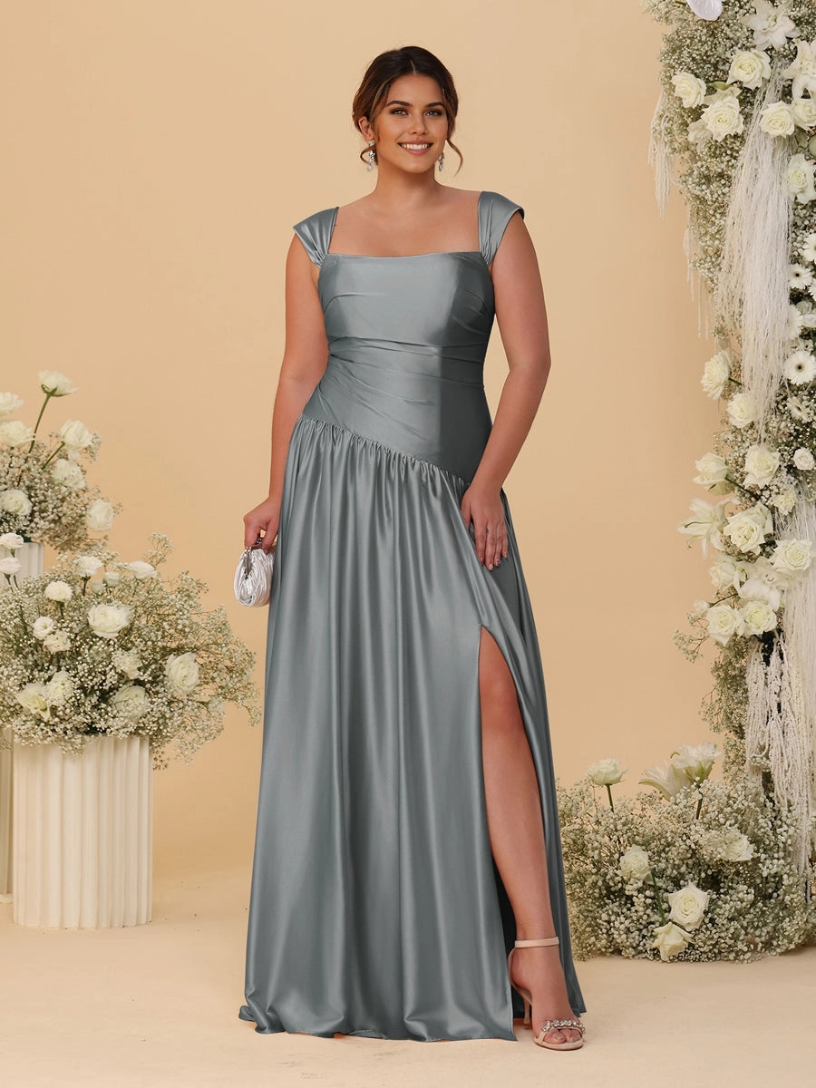 Stunning Champagne A‑Line Convertible‑Neck Ruched Zip‑Back High‑Slit Floor‑Length Bridesmaid Dress