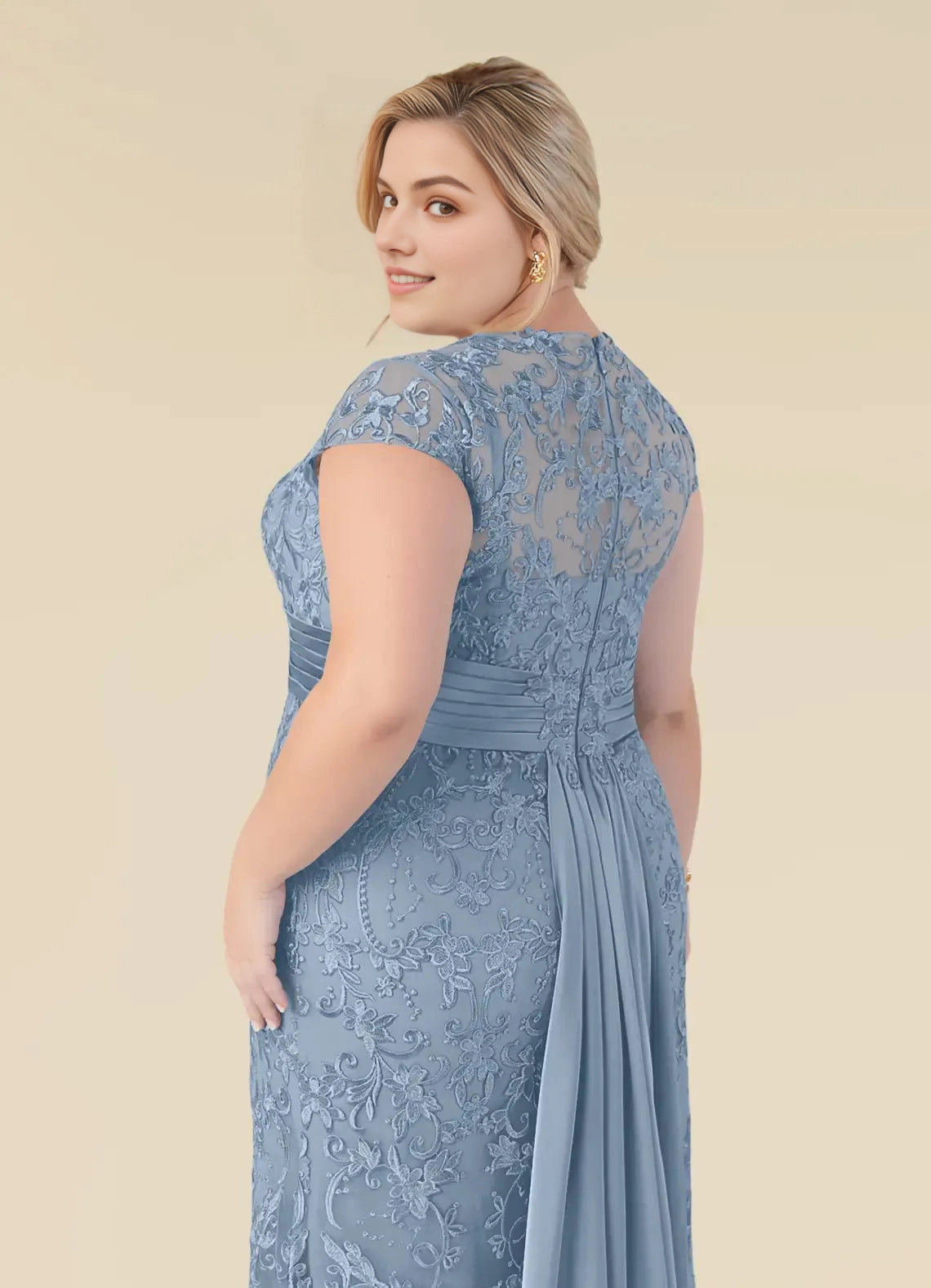 Stunning Mermaid Round‑Neck Cap‑Sleeve Illusion‑Back Floor‑Length Plus Size Mother Of The Bride Dress