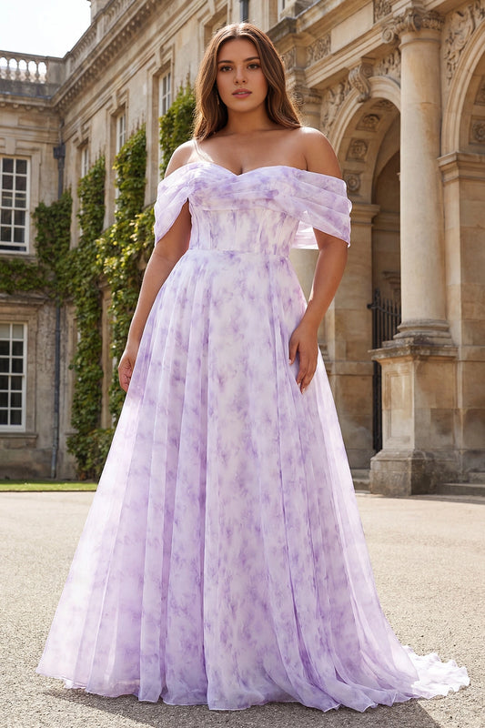 Roselledress lavender floral plus size a‑line prom dress off‑the‑shoulder chiffon corset evening gown with sweep train