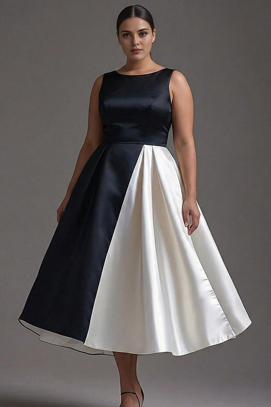 roselledress black white colorblock plus size a‑line prom dress bateau sleeveless satin midi gown for curvy women