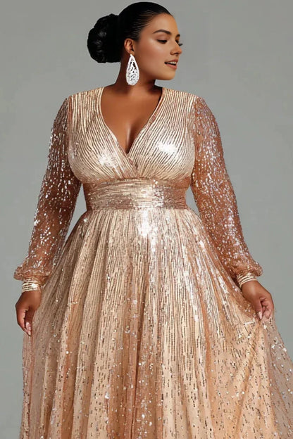 Glamorous A‑Line V‑Neck Long‑Sleeve Zipper‑Back Floor‑Length Plus Size Prom Dress