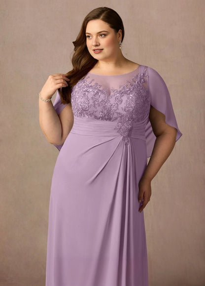 Lilac A-Line Illusion-Neck Cape Sleeve Zip-Back Long Mother of the Bride Dress