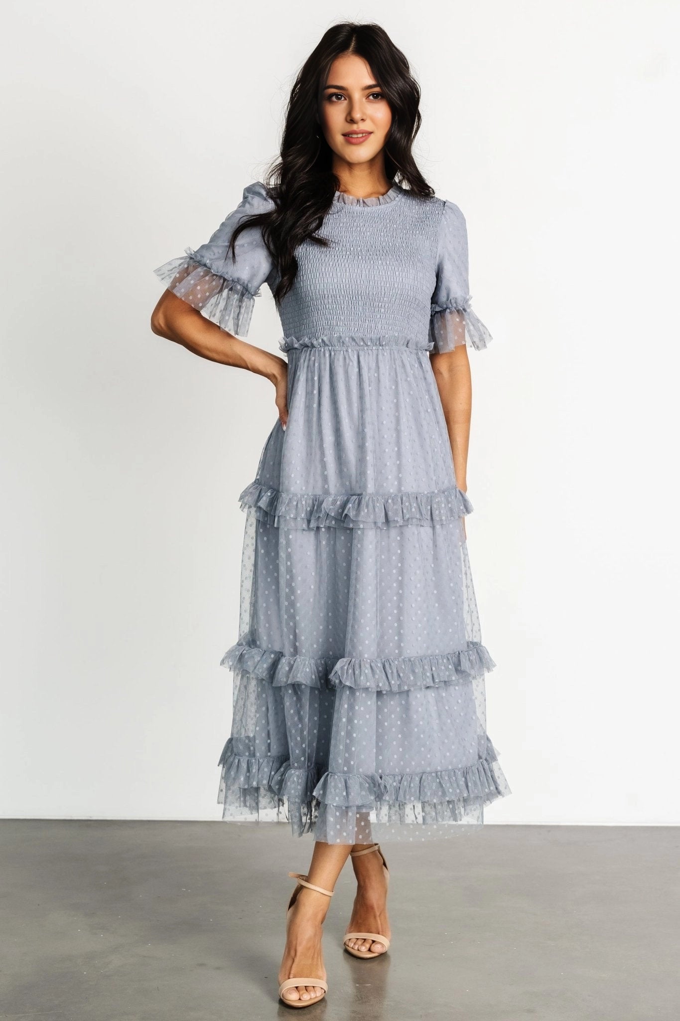 Roselledress dusty blue polka dot tulle midi guest dress round neck ruffle sleeve front view