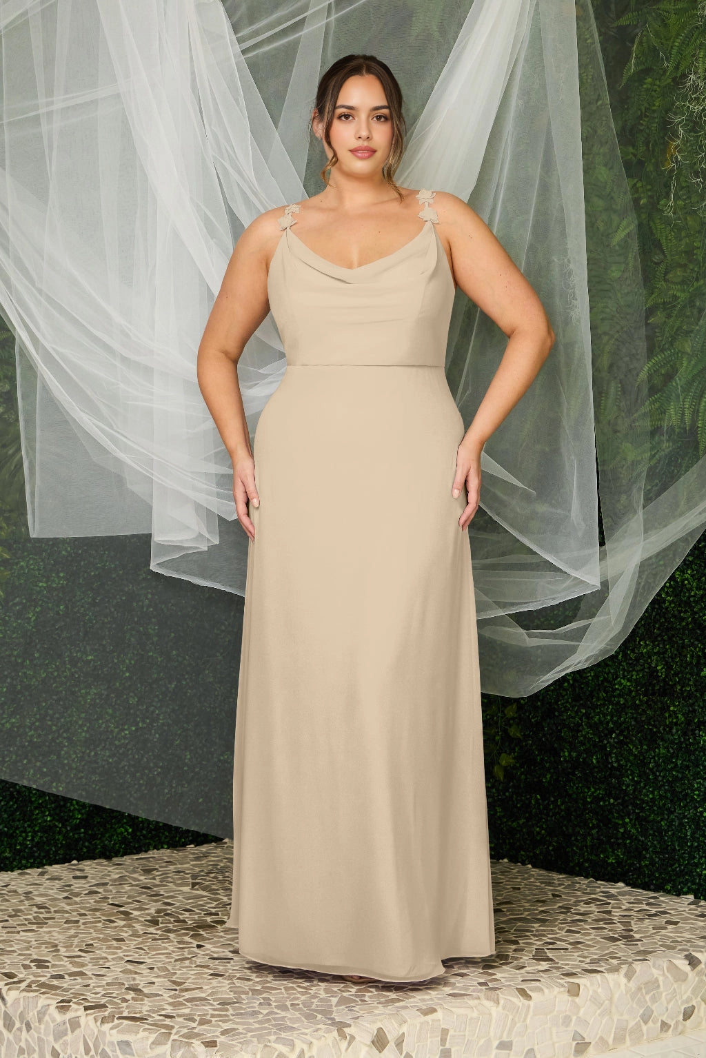 Elegant Plus Size A-Line Cowl Neck Floral Strap V-Back Maxi Bridesmaid Dress