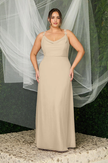 Elegant Plus Size A-Line Cowl Neck Floral Strap V-Back Maxi Bridesmaid Dress