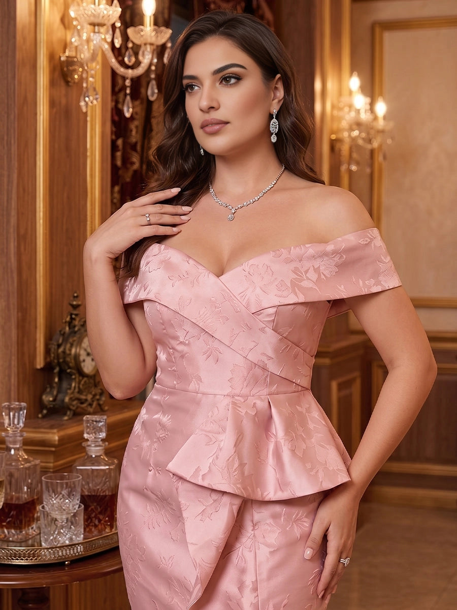 Dusty Pink Off‑The‑Shoulder Peplum Jacquard Slit Mermaid Plus Size Wedding Guest Dress