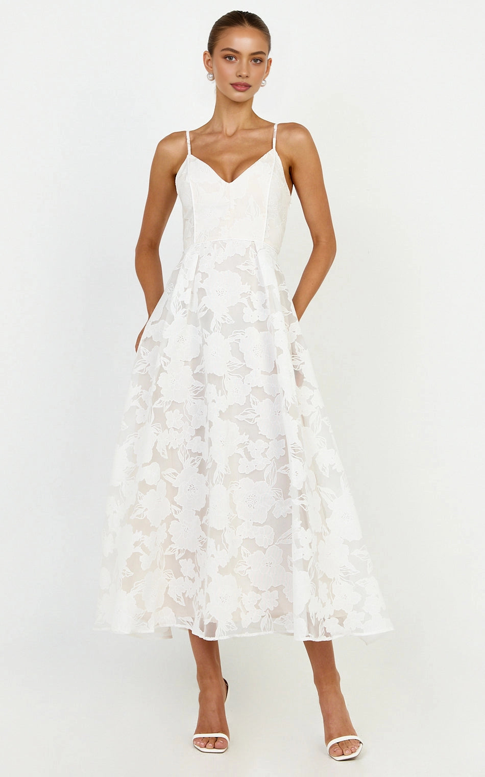 Romantic A-Line Spaghetti Strap V Neck Plain Back Floral Midi Plus Size White Wedding Guest Dress
