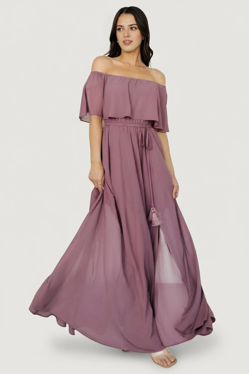 Flowy A-line Off-The-Shoulder Ruffle Sleeve Open-Back Mother Of Bride Dress