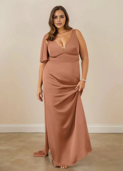 Roselledress Rose gold satin plus size mermaid bridesmaid dress deep v neck single draped sleeve side slit maxi formal gown for wedding guest