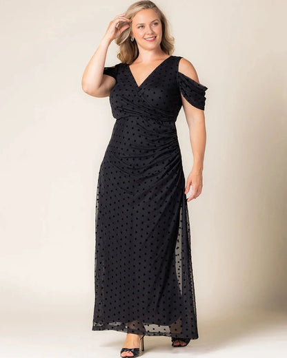 Roselledress Cold‑Shoulder Polka Dot Mesh Slit Maxi Plus Size Wedding Guest Dress