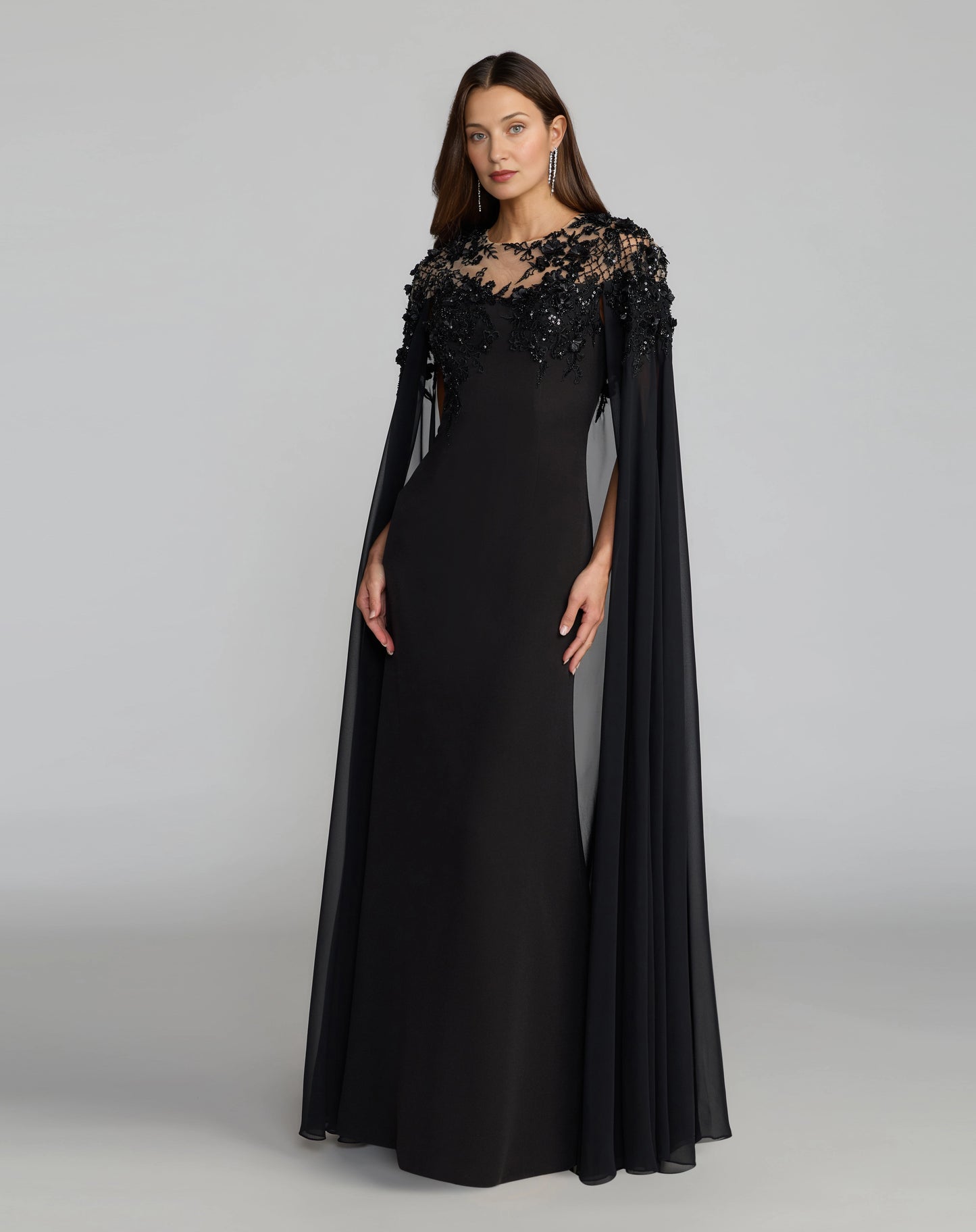 roselledress black lace cape sleeve mermaid mother of the bride dresses front view illusion neck floor length formal evening gown