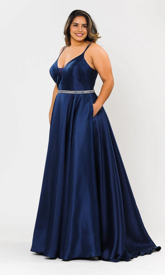 roselledress navy plus size a-line v neck satin prom gown spaghetti strap rhinestone belt with pockets for curvy women