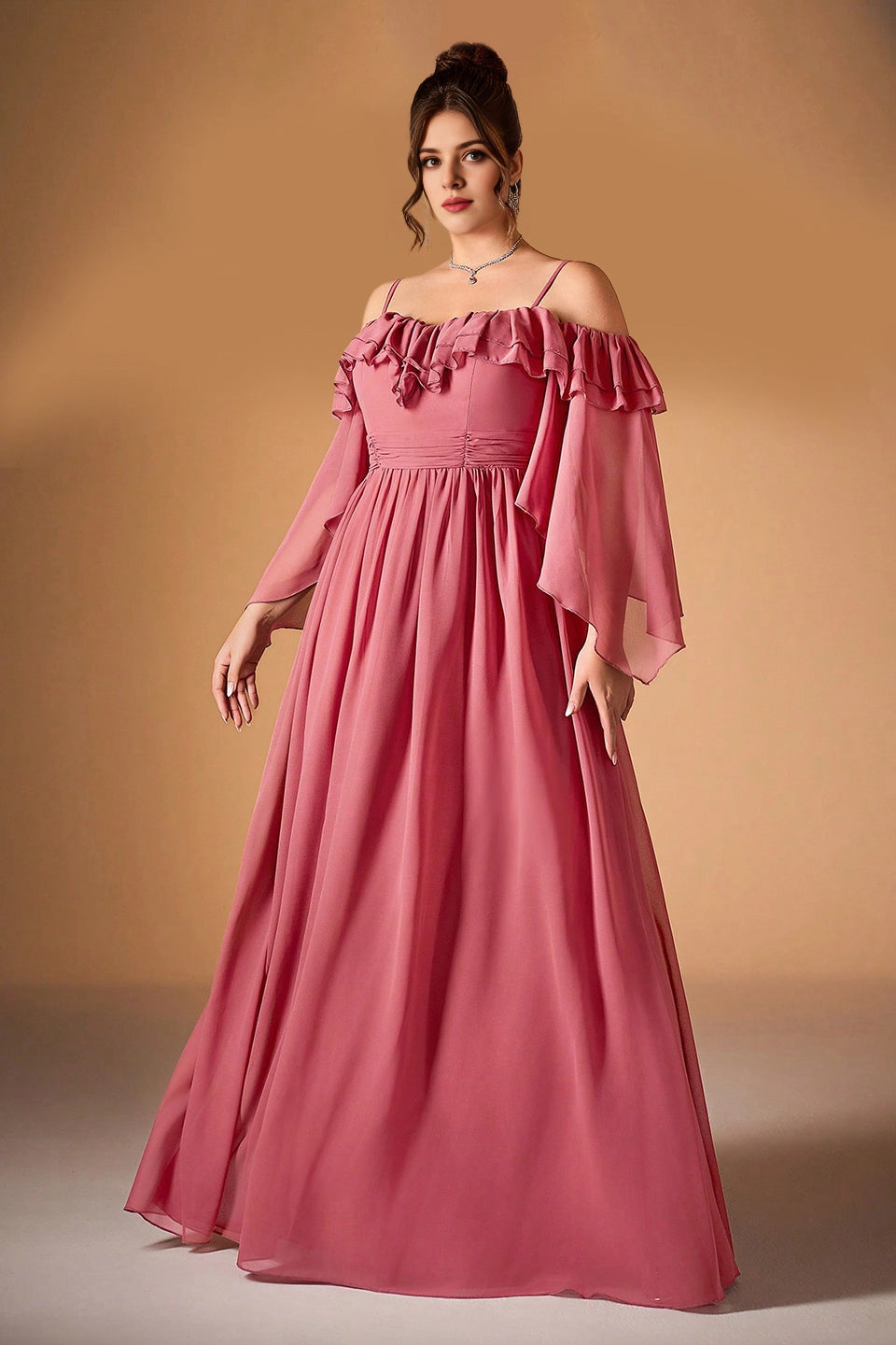 Plus Size Rose gold A Line Off Shoulder Flare Sleeve Plain Back Long Prom Dress