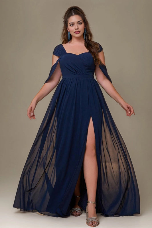 Roselledress navy plus size sweetheart cold shoulder long prom dress chiffon high slit a-line evening gown