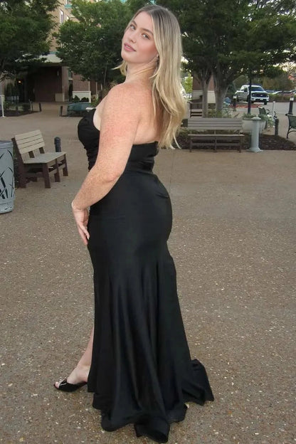 Roselledress black satin plus size evening dress strapless open back mermaid prom gown sweep train back view