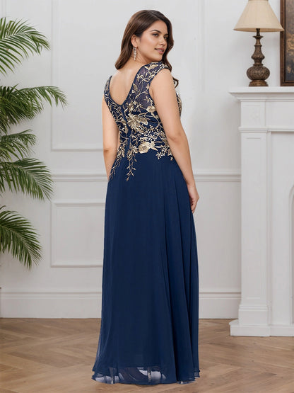 Back view Roselledress navy blue formal long dress, plus size mother of bride gown with embroidered v‑back and invisible zipper closure