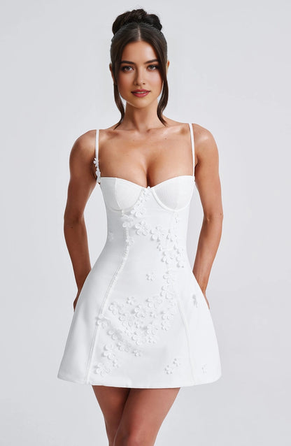 RoselleDress white 3D floral applique a line mini homecoming dress front view
