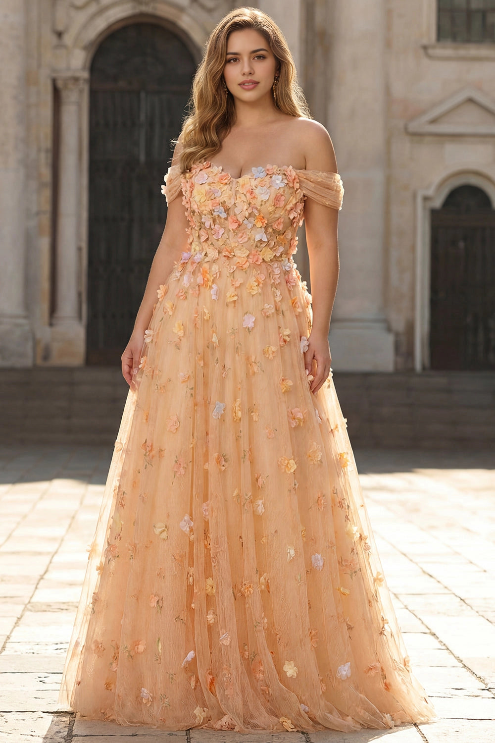 Plus Size Romantic A-Line Off-Shoulder Tulle Sleeve Lace-Up Back Long Wedding Guest Dress