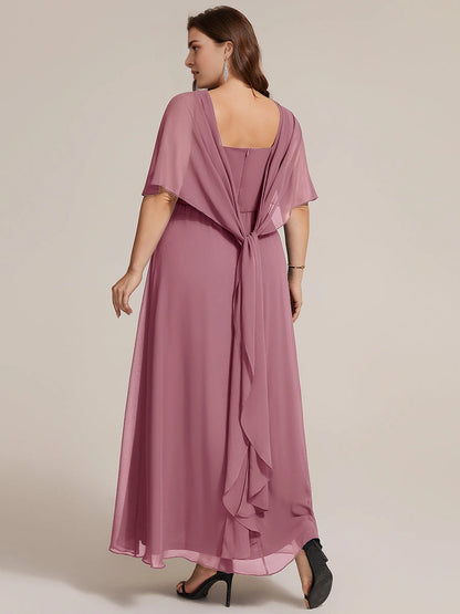 Roselledress Dusty Pink A Line Boat Neck Cape Sleeve Tie Back Floor Length Plus Size Wedding Guest Dress