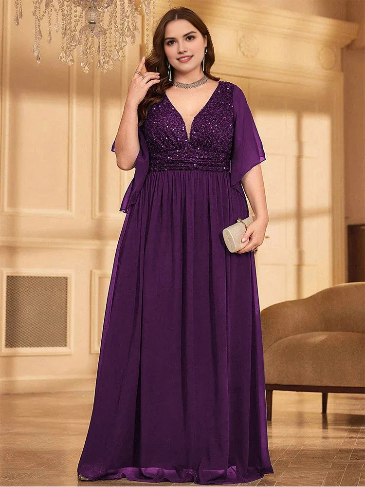 Luxurious A‑Line V‑Neck Flutter‑Sleeve V‑Back Floor‑Length Plus Size Wedding Guest Dress