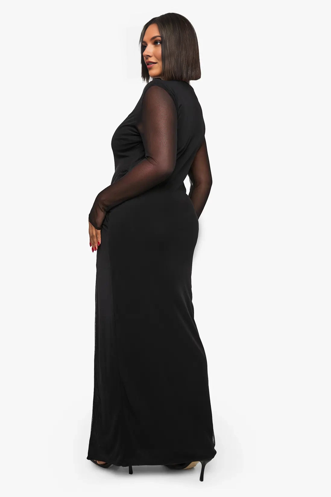 Back view of roselledress black solid back plus size long mesh sleeve formal maxi evening gown