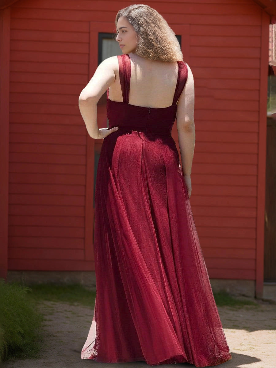roselledress curvy burgundy tulle bridesmaid dress square low open back invisible zipper flowy maxi gown countryside wedding party dress