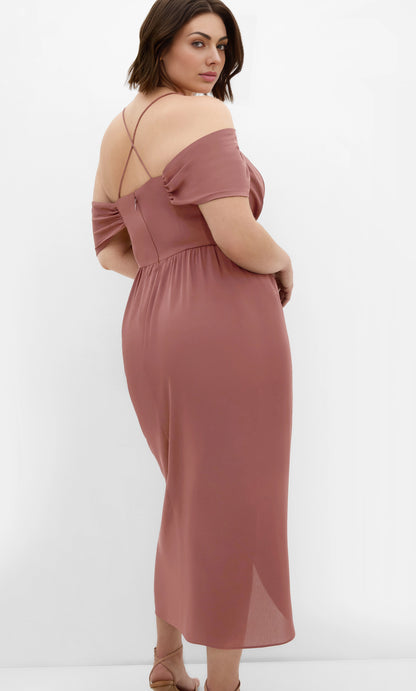 RoselleDress dusty rose plus size wedding guest gown off‑shoulder criss‑cross spaghetti strap back smocked panel midi skirt back view