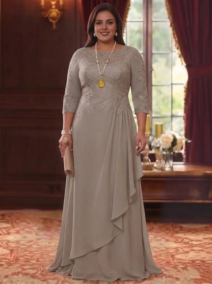 RoselleDress taupe lace chiffon plus size round neck floor length mother of bride dress 3/4 sleeve front view