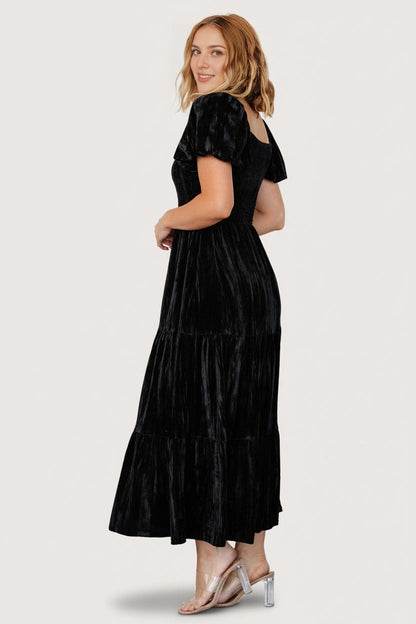 Modest A‑Line Square‑Neck Puff‑Sleeve Smocked‑Back Midi Mother Of The Bride Dress