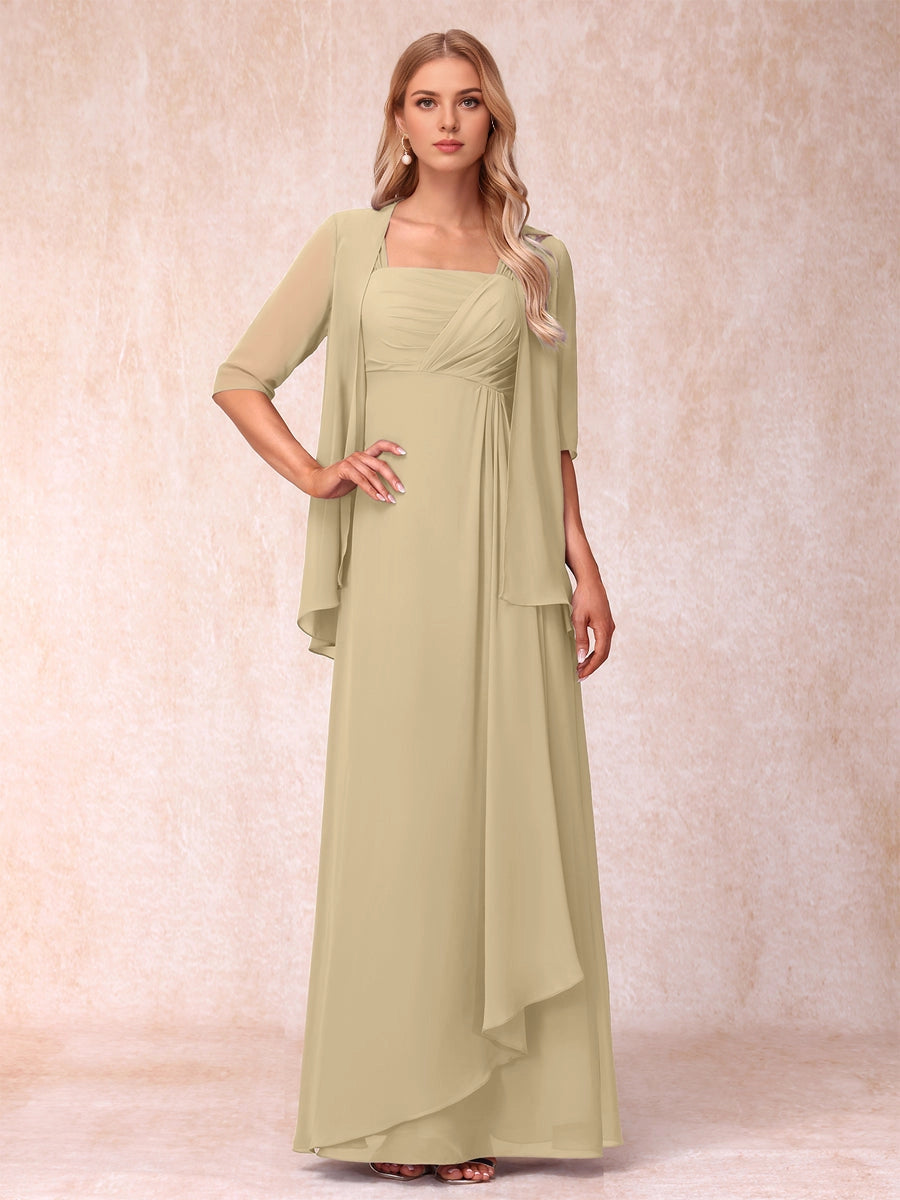 Soft A Line Square 3/4 Sleeve Solid Back Two Piece Long Mother Of Bride Dress