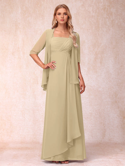 Soft A Line Square 3/4 Sleeve Solid Back Two Piece Long Mother Of Bride Dress