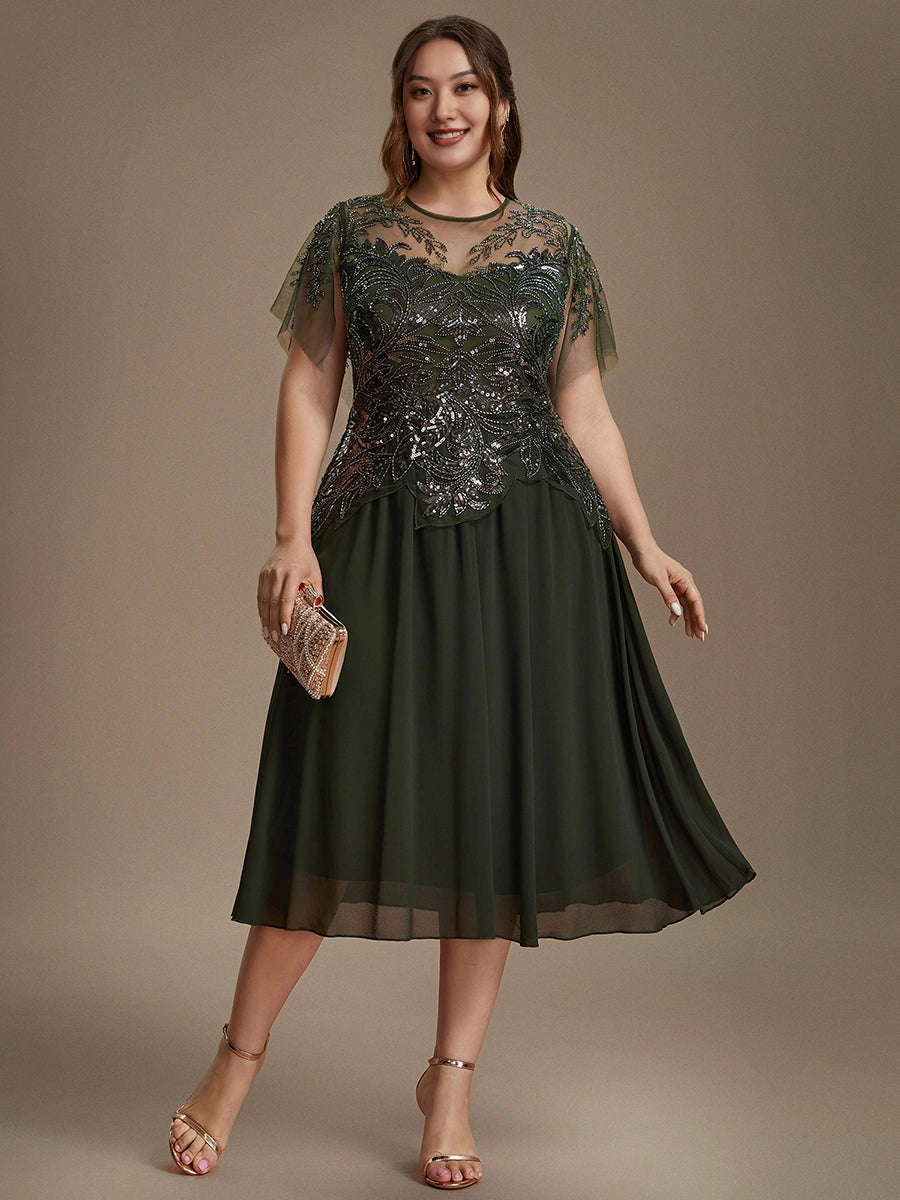 A-Line Illusion Neck Flutter Sleeve Back Zipper Midi Length Plus Size Sequin Chiffon Mother Of Bride Dress